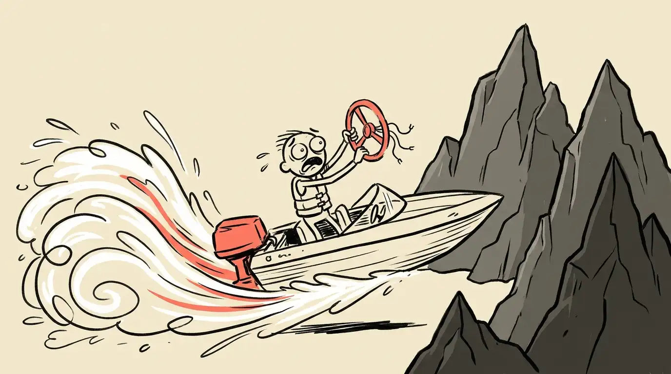 A speedboat at full throttle throwing huge spray, the steering wheel come off in the driver's hands, rocks dead ahead.