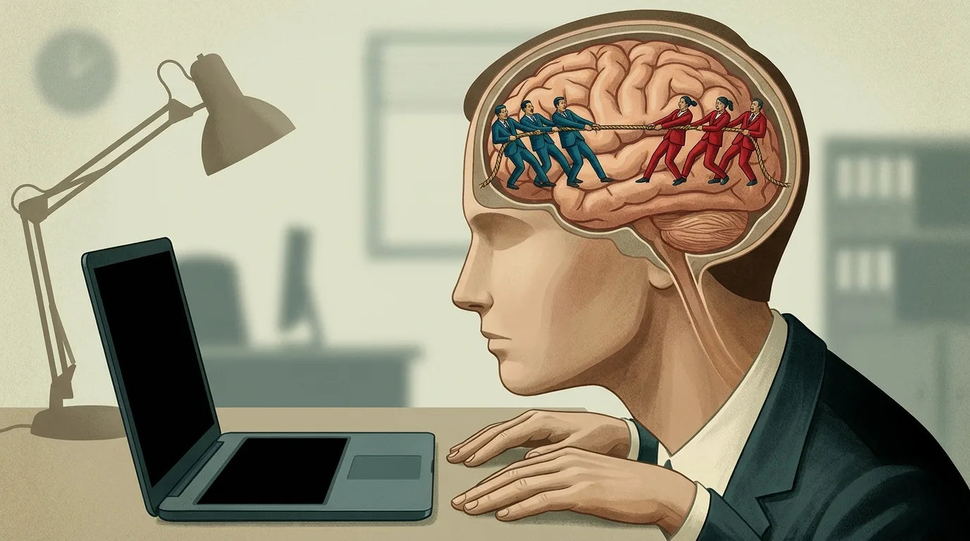 Illustration of an office worker at a blank laptop with a cutaway view of their head, where two tiny teams play a deadlocked tug-of-war across the brain — the focus-versus-distraction battle that stalls you before you start.