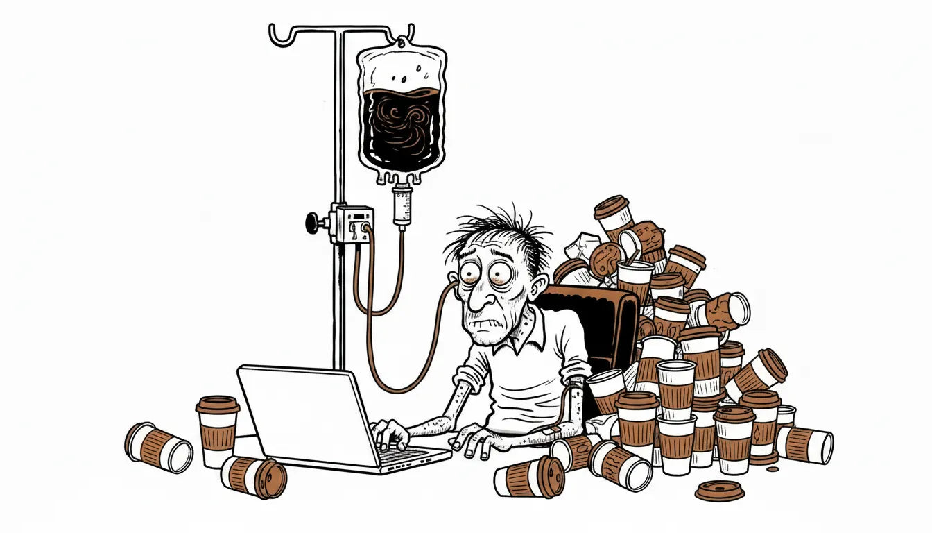 A cartoon worker slumped at a desk, hooked up to an IV drip of coffee — wide awake, but nothing getting done.