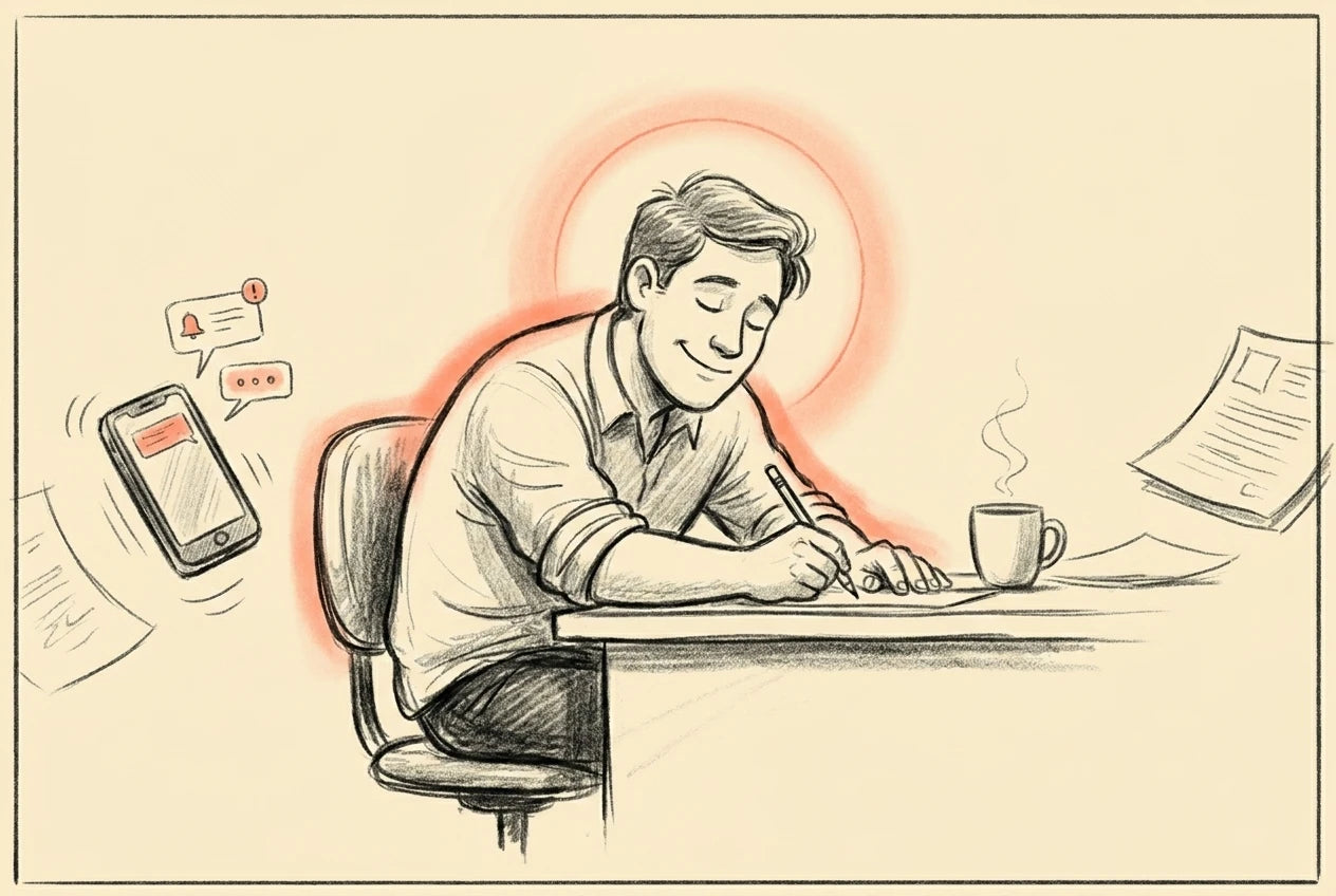 A person at a desk in calm, effortless deep focus, the distractions ignored.