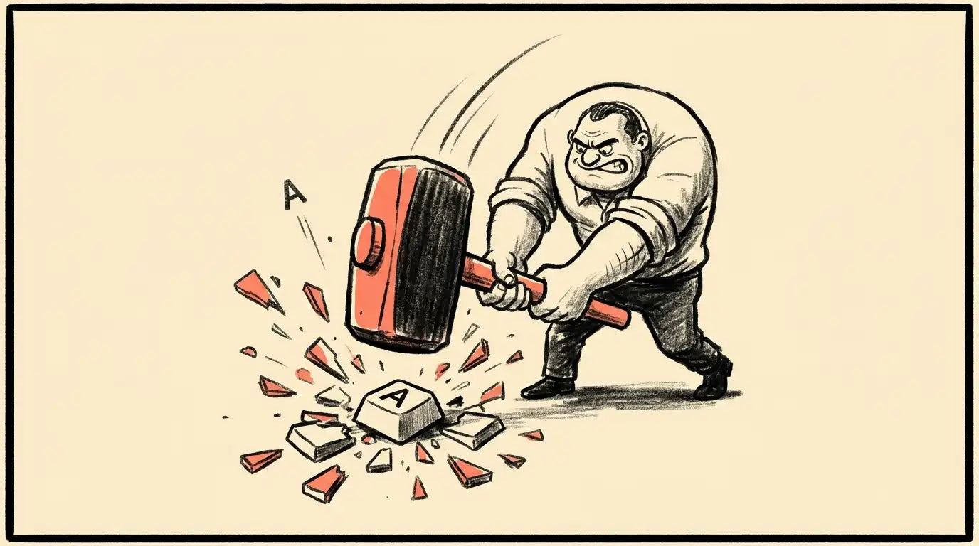 A man swinging an enormous sledgehammer down onto a single computer keyboard key.