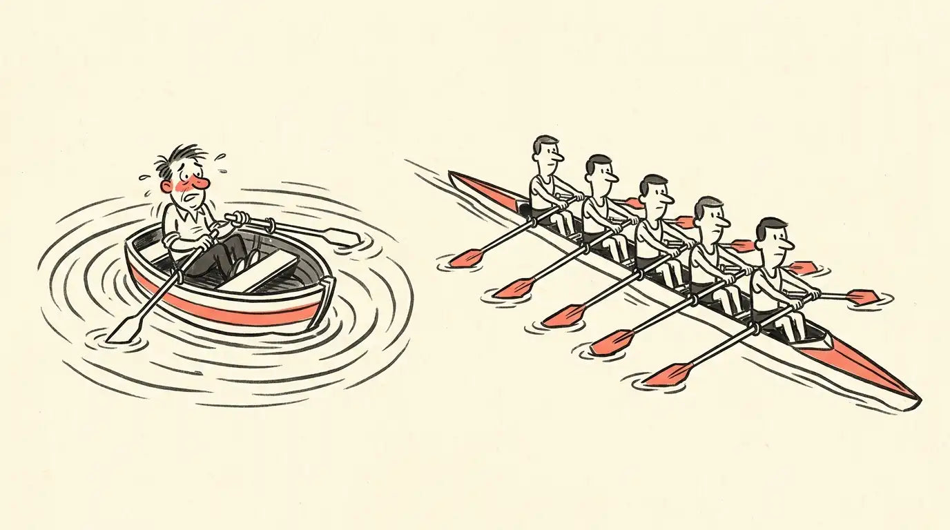Left: a lone rower paddling in a helpless circle. Right: a five-person crew rowing in perfect sync, slicing straight ahead.