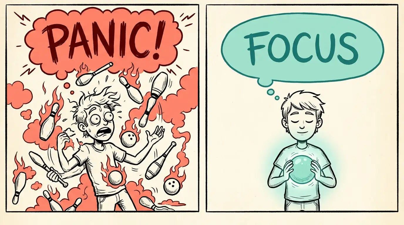 Left: a person frantically juggling and dropping flaming objects. Right: the same person calm, cradling a single glowing orb, locked in.