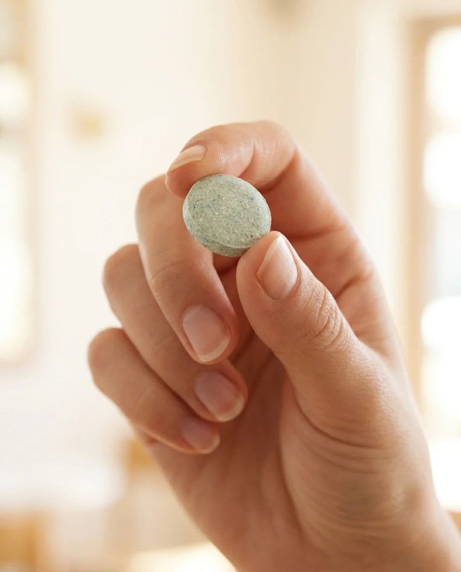A single WITS focus mint held between the fingertips — smaller than a coin.