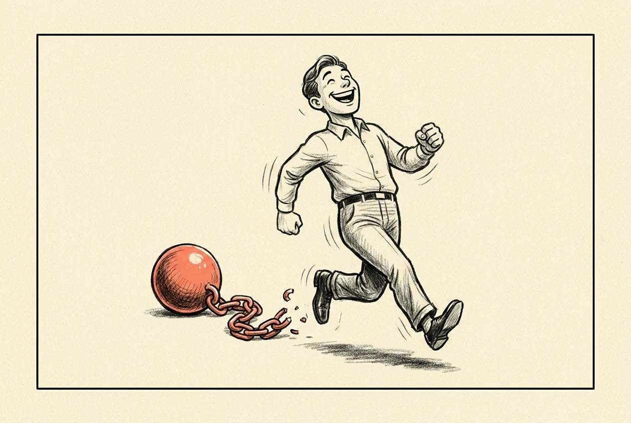 A person striding forward, light and free, a heavy ball-and-chain dropped on the ground behind them — the weight of forced focus finally lifted.