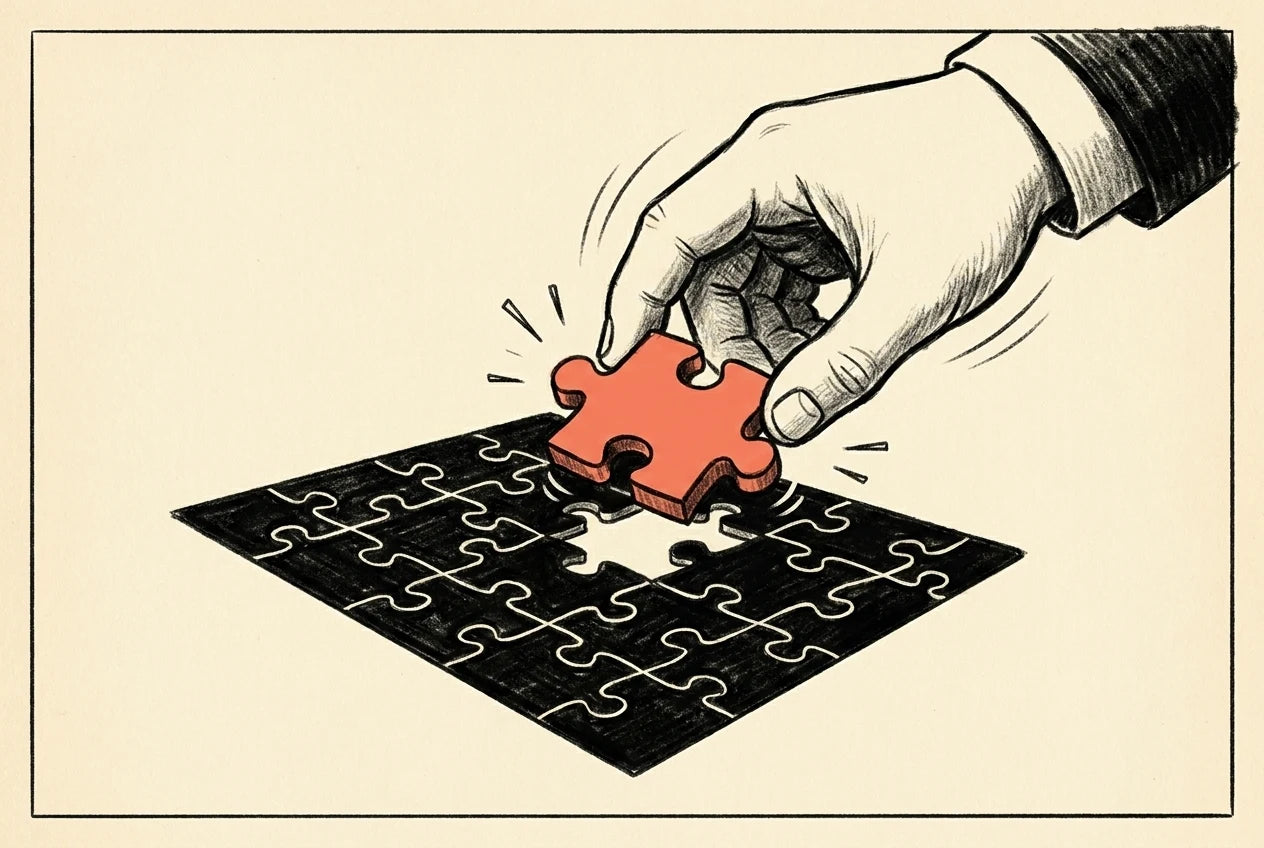 A hand lowering the final puzzle piece into place — the moment the whole picture clicks together.